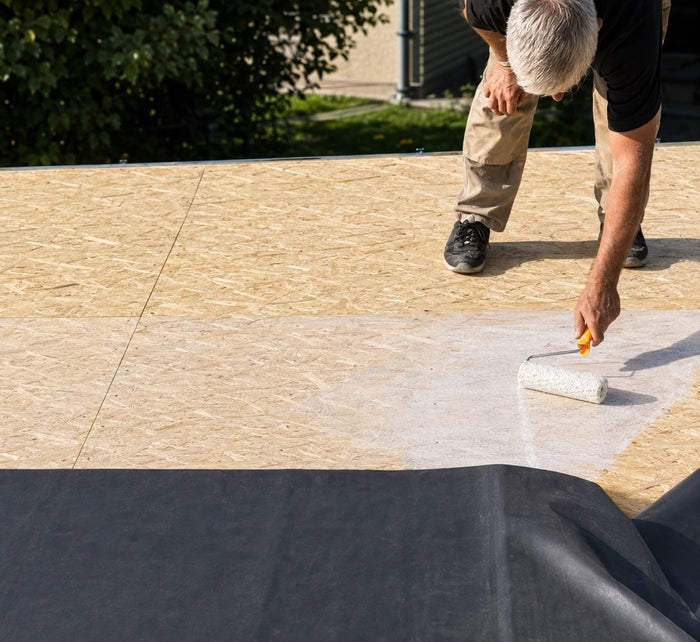 Die EPDM Dachfolie wird auf Holz in der Regel mit unserem wasserbasierten Flächenkleber W-1 befestigt. Der Kleber wird ähnlich wie Farbe aufgestrichen und die Folie in den nassen Kleber gelegt. Hier trägt ein Mitarbeiter den Kleber auf.